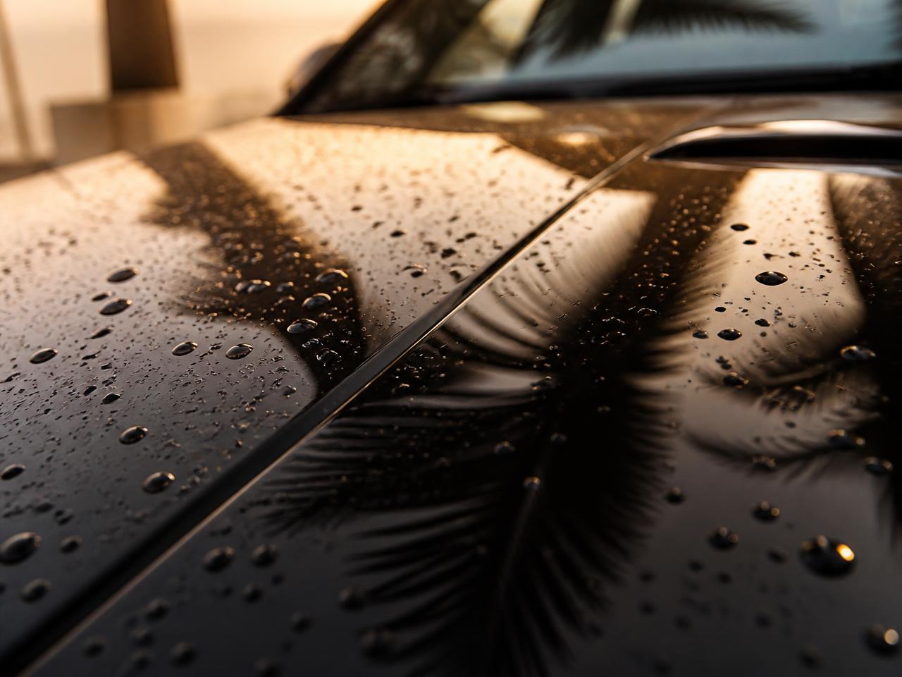 Water beading on the glossy black hood of a freshly washed luxury car